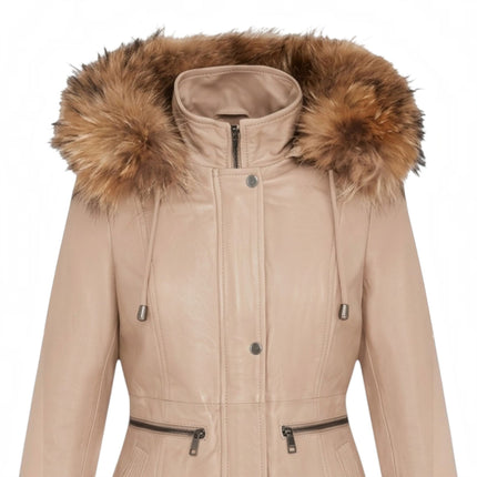 Womens Beige Warm Leather Hooded Parka Jacket-Northwich