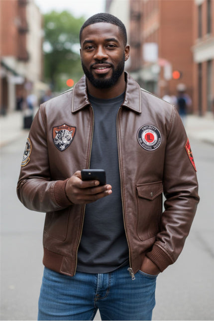 Men’s Brown Leather Bomber G-1 Aviator Collar Jacket  - Maverick