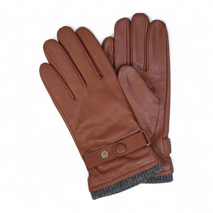 Men's Tan Brown Italian Leather Warm Wool Lining Winter Knit Rib Gloves - M-LGV-105