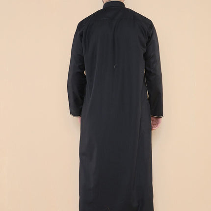 Mens Black Thobe Jubba Emirati Islamic Arabic Eid Embroidery Kaftan Jubbah Robe