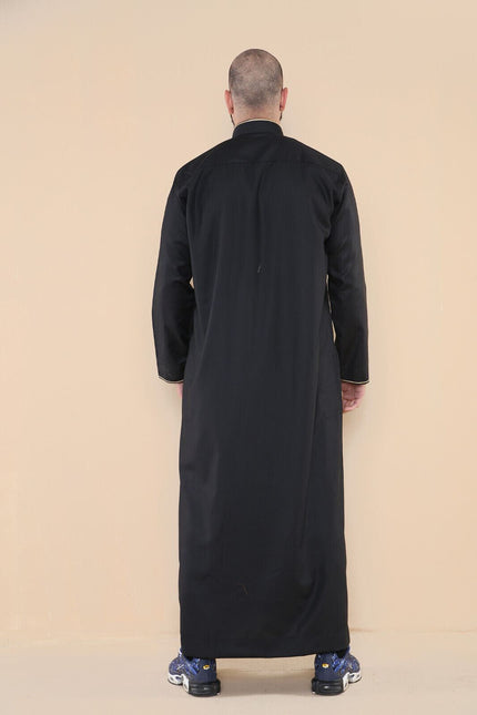 Mens Black Thobe Jubba Emirati Islamic Arabic Eid Embroidery Kaftan Jubbah Robe