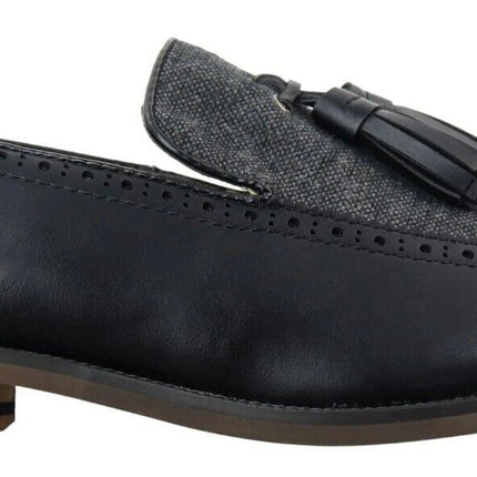 Mens Tasselled Black Leather Tweed Brogue Slip On Loafers