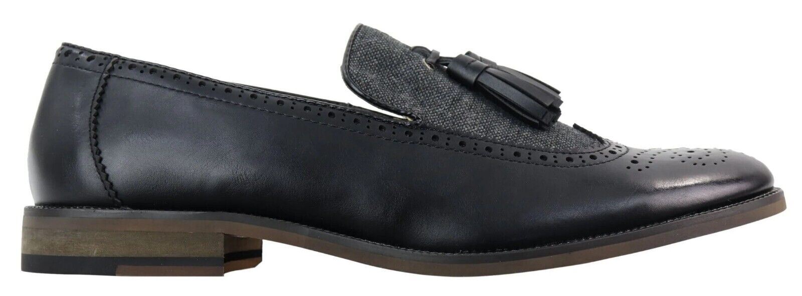 Mens Tasselled Black Leather Tweed Brogue Slip On Loafers