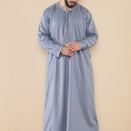 Mens Grey Thobe Jubba Saudi Islamic Arab Eid Emirati Kaftan Jubbah Tassel Robe