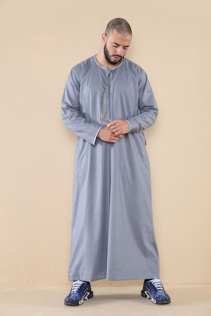 Mens Grey Thobe Jubba Saudi Islamic Arab Eid Emirati Kaftan Jubbah Tassel Robe