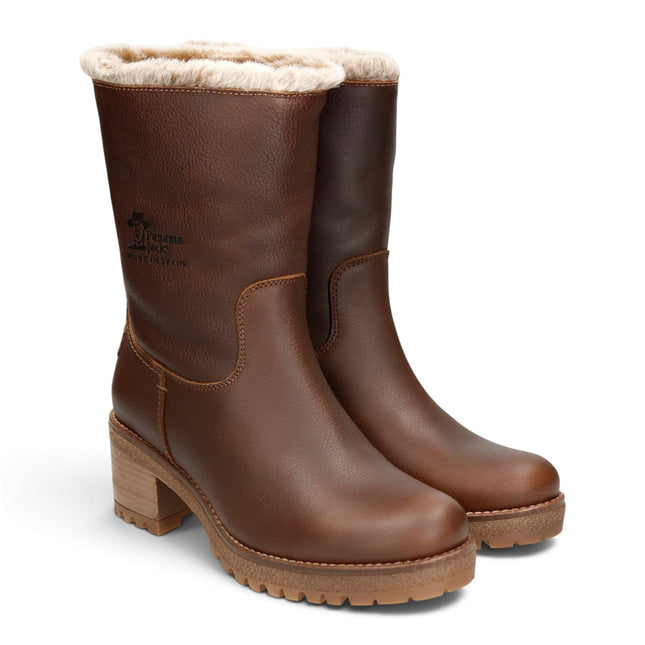 Panama Jack Women's Bark Brown Leather Waterproof Warm Heeled Boots - Piola B8