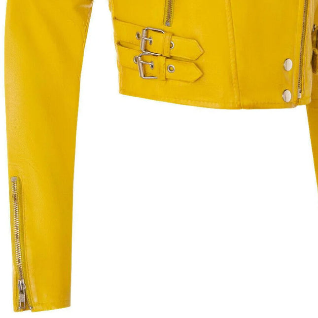 Womens Cropped Brando Leather Biker Jacket-Damascus