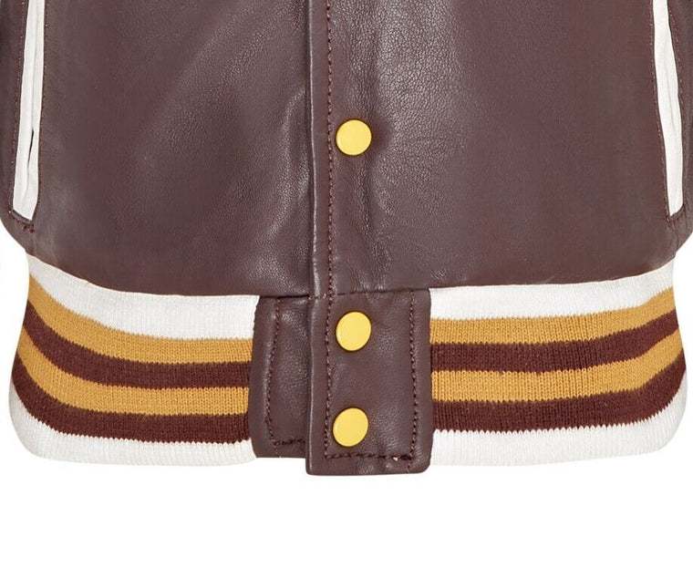 Kids Burgundy Letterman Leather Varsity College Bomber Jacket