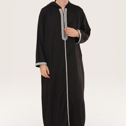 Men's Eid Black Hooded Moroccan Thobe Robe Djellaba Gandoura Ramadan Jubba- HM3