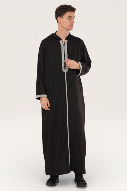 Men's Eid Black Hooded Moroccan Thobe Robe Djellaba Gandoura Ramadan Jubba- HM3