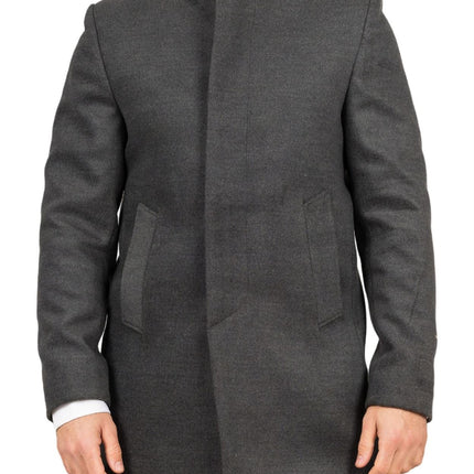 Men's Grey Stand Collar Wool Blend Overcoat