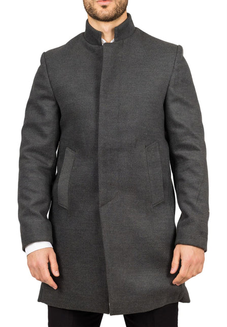 Men's Grey Stand Collar Wool Blend Overcoat