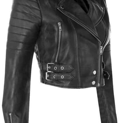Womens Cropped Brando Leather Biker Jacket-Damascus