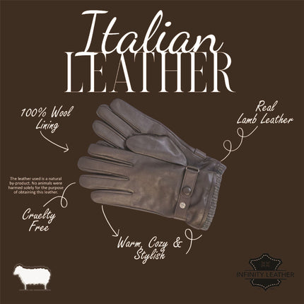 Men's Brown Italian Leather Warm Wool Lining Winter Knit Rib Gloves - M-LGV-105