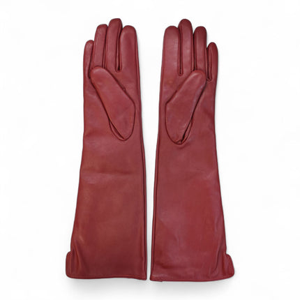 Womens Long Red Italian Leather Winter Button Design Soft Wool Lining Gloves - L-GLV-201