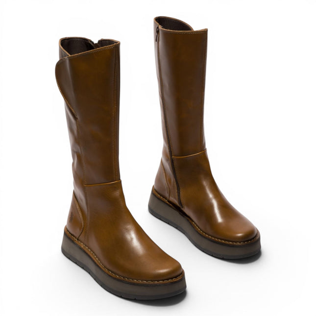 Fly London Womens Tan Leather High Pull On Long Boots - RHEA042