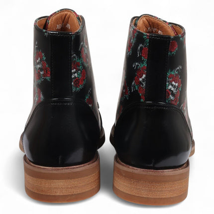 Justin Reess Men's Black Floral Skull Print Leather Oxford Ankle Boots - Adam Skull