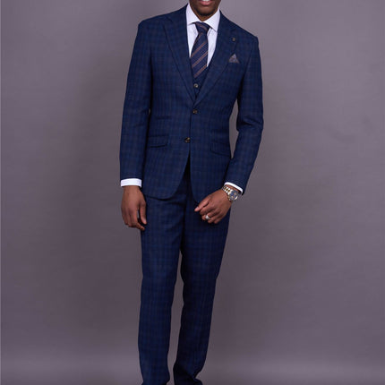Men's Navy Blue Plain Check 3 Piece Suit Slim Fit Formal Suit
