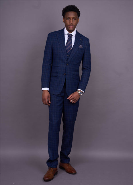 Men's Navy Blue Plain Check 3 Piece Suit Slim Fit Formal Suit