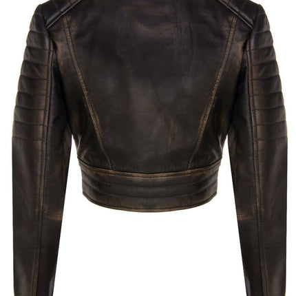 Womens Cropped Brando Leather Biker Jacket-Damascus