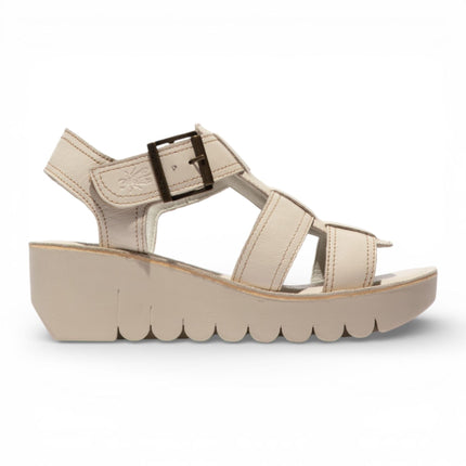Fly London Women's YUDD236FLY Off White Leather Wedge Sandals