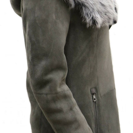 Womens Grey Suede Hooded Merino Sheepskin Coat-Monrovia
