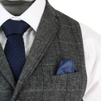Mens 3 Piece Charcoal Grey Check Tweed Herringbone Vintage Classic Suit