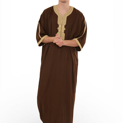Men's Ramadan Brown Moroccan Thobe Robe Djellaba Gandoura Eid Jubba- HM67