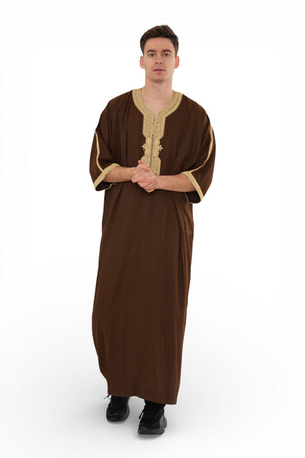 Men's Ramadan Brown Moroccan Thobe Robe Djellaba Gandoura Eid Jubba- HM67