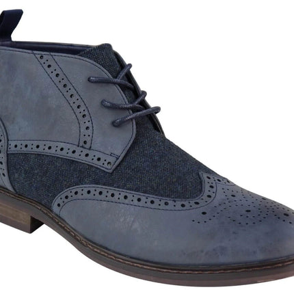 Mens Classic Tweed Oxford Brogue Ankle Boots In Blue Leather