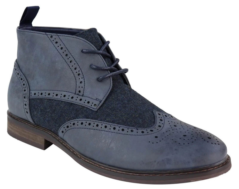 Mens Classic Tweed Oxford Brogue Ankle Boots In Blue Leather