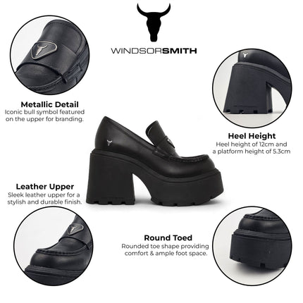 Windsorsmith Womens Black Leather Platform Loafers Shoes - Spolied