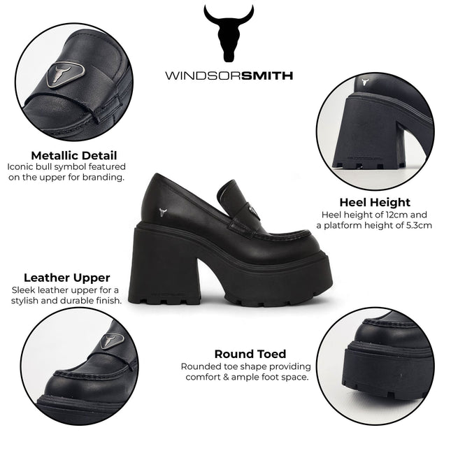 Windsorsmith Womens Black Leather Platform Loafers Shoes - Spolied