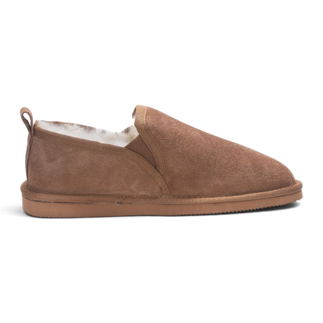 Men's Chestnut Tan Genuine Sheepskin Suede Slipper Winter Moccasins - Cedar