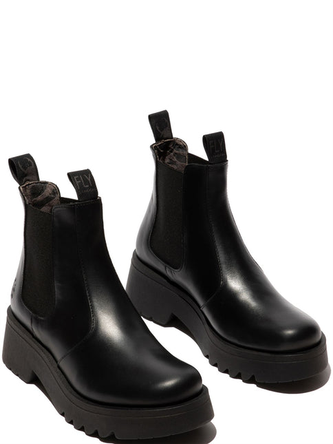 Fly London Womens Black Medi789 Wedged Chelsea Ankle Leather Platform Boots