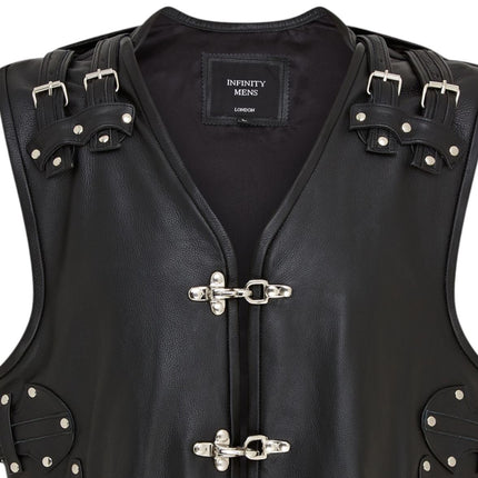 Men’s Black Biker Leather Waistcoat Metal Buckles Vest - Coolgardie