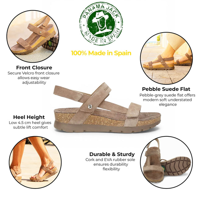 Panama Jack Women's Wedge Stone Grey Suede Leather Sandals - Selma B18