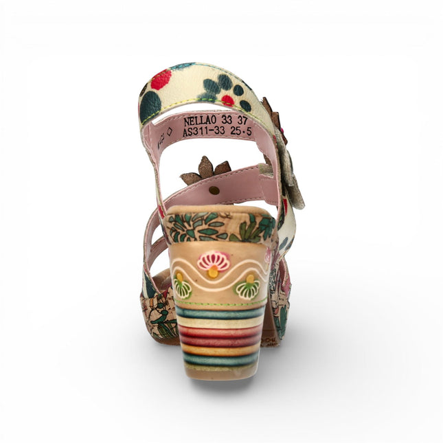 Laura Vita Women's Nellao 33 Beige Floral Leather Wedge Heel Espadrille Sandals