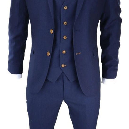 Mens 3 Piece Navy Blue Birdseye Classic Suit