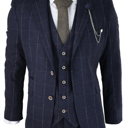 Mens 3 Piece Wool Suit Navy Blue Tweed Check Peaky Blinders 1920 Gatsby Formal