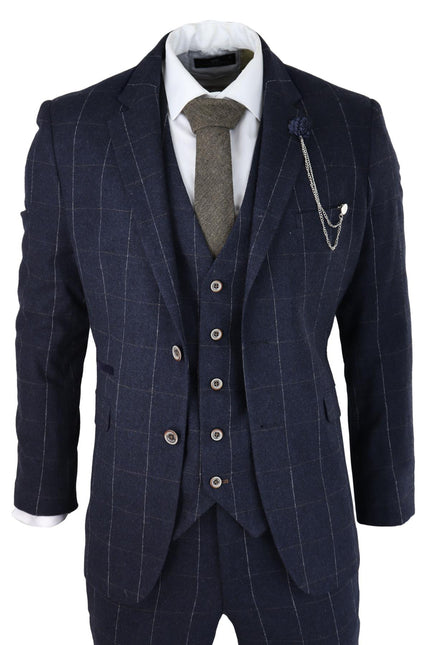 Mens 3 Piece Wool Suit Navy Blue Tweed Check Peaky Blinders 1920 Gatsby Formal