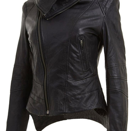 Womens Detachable Collar Leather Biker Jacket-Rosario