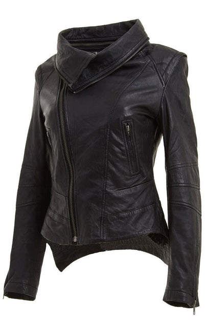 Womens Detachable Collar Leather Biker Jacket-Rosario