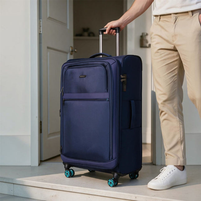 Soft Shell Blue 1680D Polyester Suitcase Set 8 Wheel TSA Lock Luggage