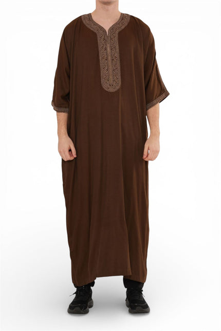 Men's Ramadan Dark Brown Moroccan Thobe Robe Djellaba Gandoura Eid Jubba- HM67