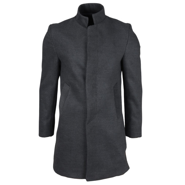 Men's Grey Stand Collar Wool Blend Overcoat