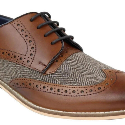 Mens Classic Oxford Tweed Brogue Derby Shoes In Tan Leather