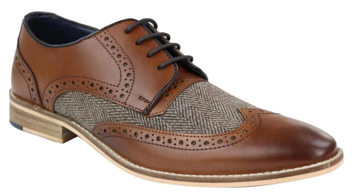 Mens Classic Oxford Tweed Brogue Derby Shoes In Tan Leather