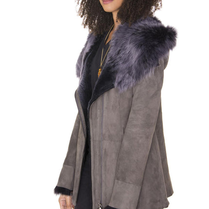 Womens Grey Suede Hooded Merino Sheepskin Coat-Monrovia