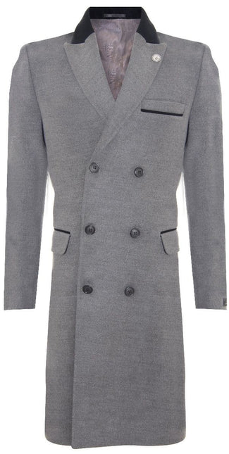 Mens 3/4 Long Double Breasted Grey Crombie Overcoat Wool Coat Peaky Blinders